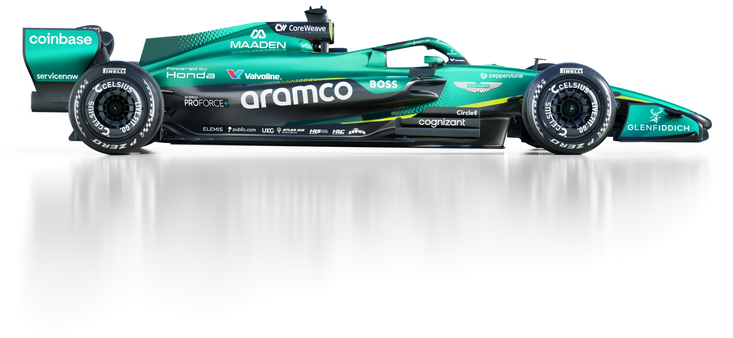 The Aston Martin Aramco Formula One car in side profile